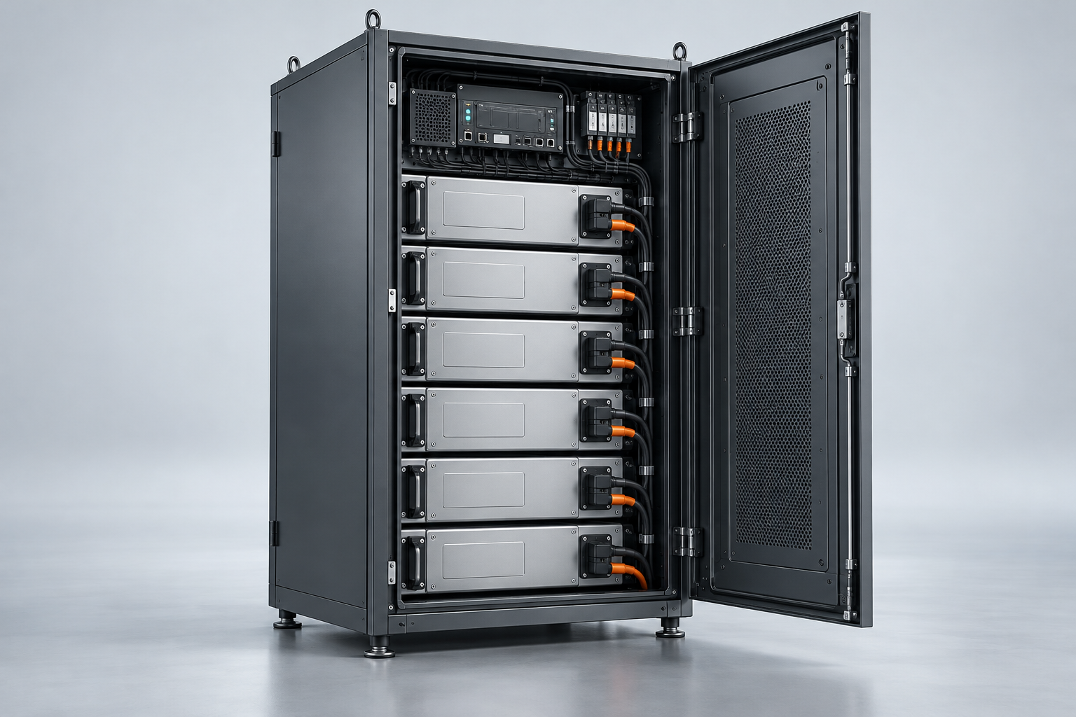 Illustrative industrial Li-Ion battery cabinet with modular battery units and BMS panel